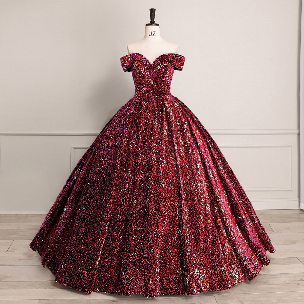 Paillette Sequined Lace Sleeveless Belt-Detail Ball Gown Wedding Dress