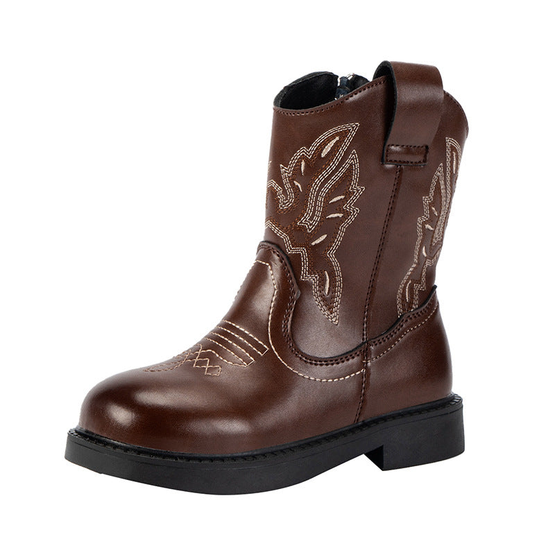 Brown leather boot with decorative stitching on a white background