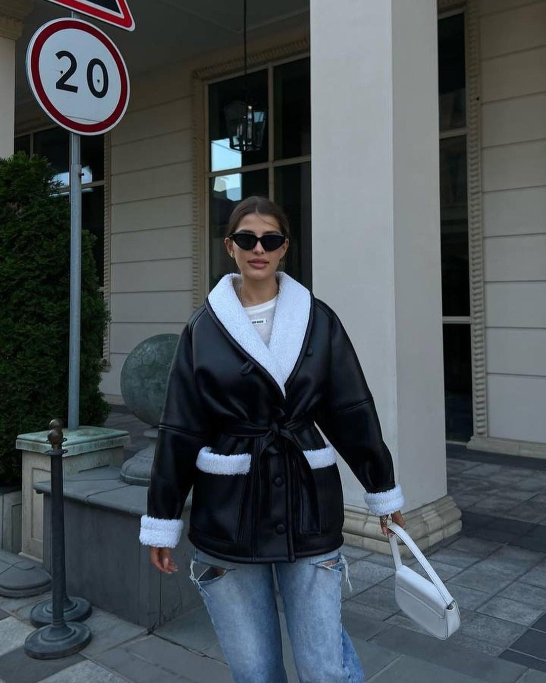 Korean Style Leather & Fur Splicing Coat - Women's Long Sleeve Trench
