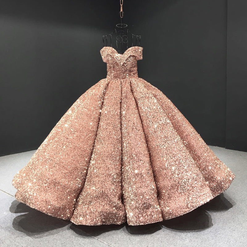Paillette Sequined Lace Sleeveless Belt-Detail Ball Gown Wedding Dress
