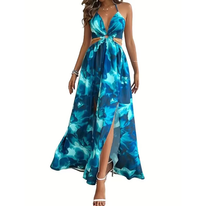 Blue floral dress with a slit on a white background