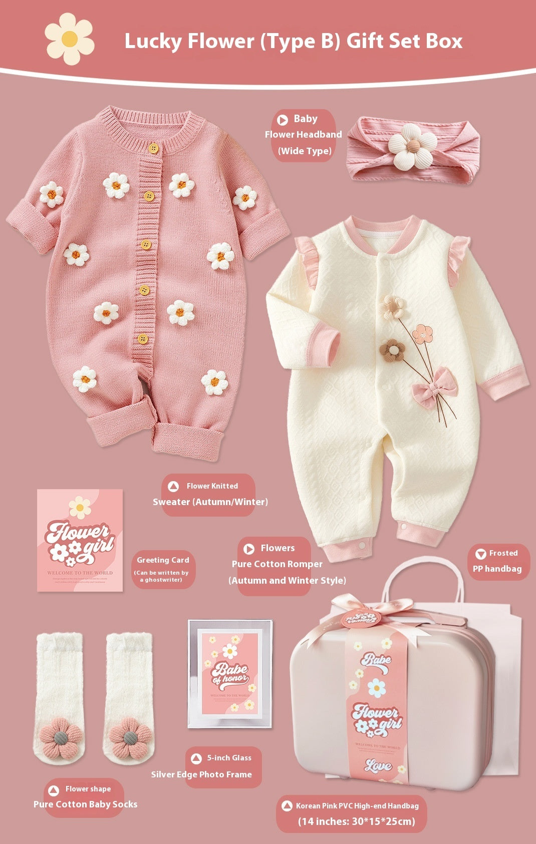 Baby gift set box with pink and white outfits, headbands, and accessories on a pink background.