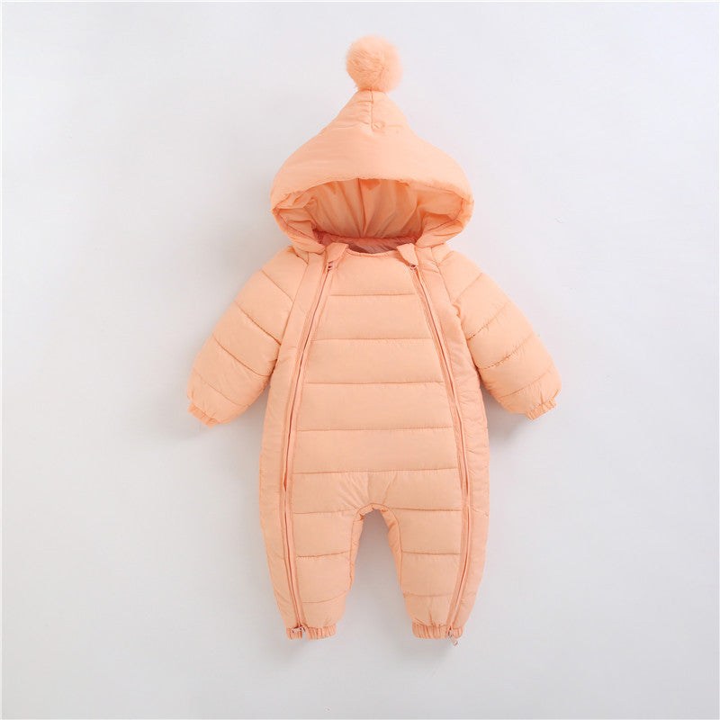Peach-colored baby snowsuit with a hood on a light gray background