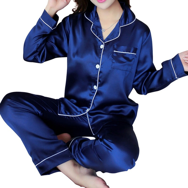 Women's Ice Silk Pajama Set - Adult Long Sleeve Home Sleepwear