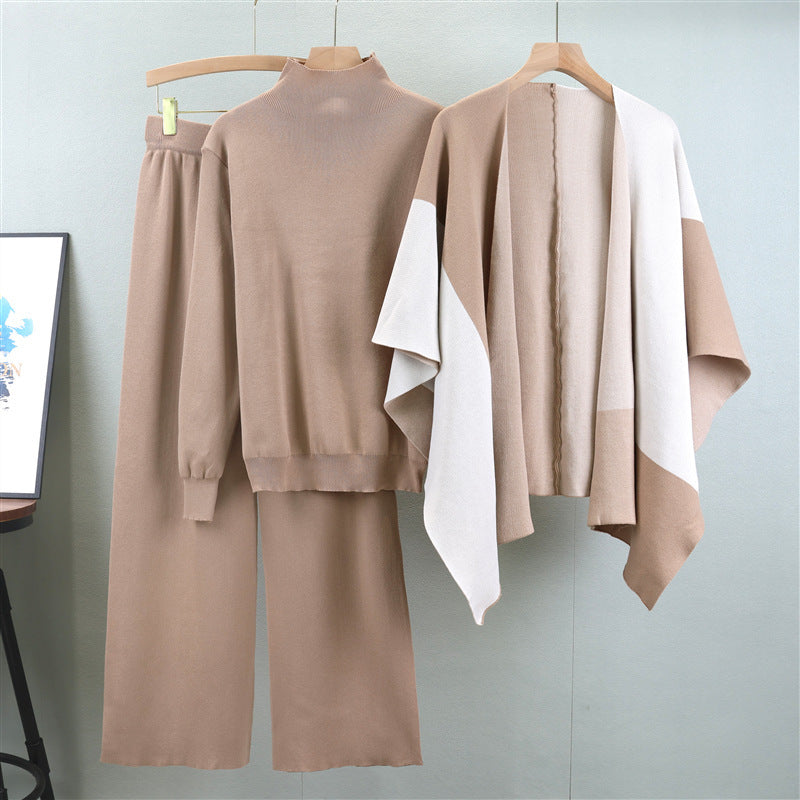 Women's Autumn Knitted Three-Piece Set - Adult European Fashion Shawl & Wide Leg Pants