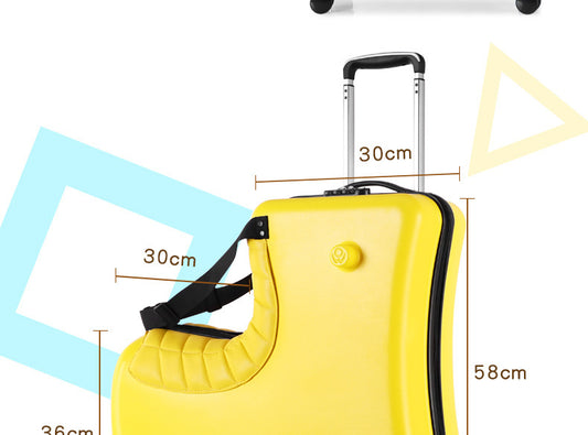 Yellow suitcase with dimensions indicated on a white background