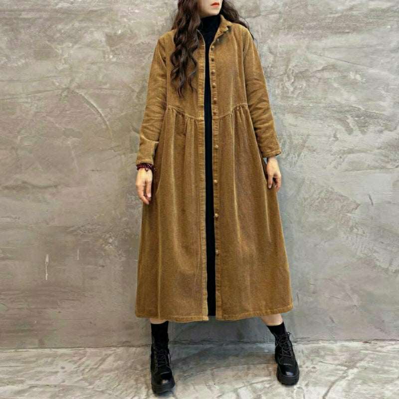 Women's Retro Corduroy Dust Coat – Loose Long Below-the-Knee Windbreaker Outwear | Brown, Dark Gray, Dark Green, Khaki | M–5XL