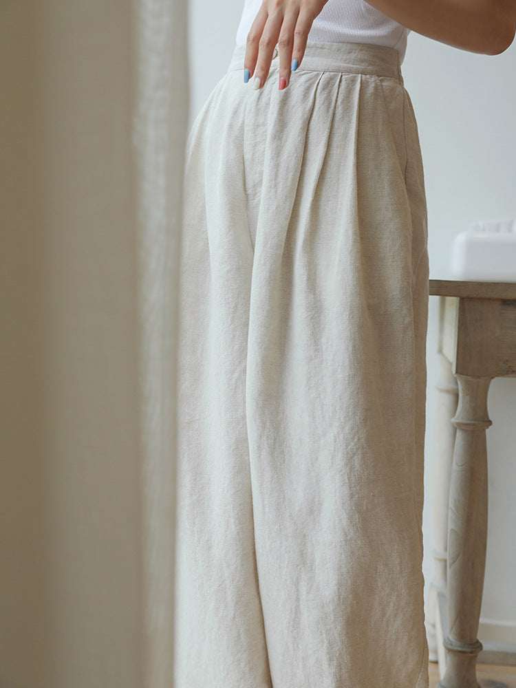 Chinese Retro Linen Floor-Length Straight-Leg Trousers | Optic Linen | M–L