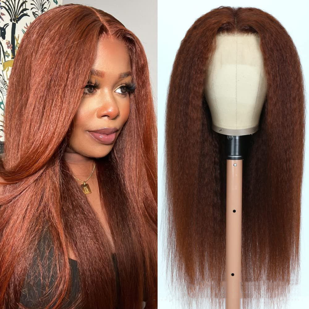 Brown wig on a mannequin head and a woman with the wig.