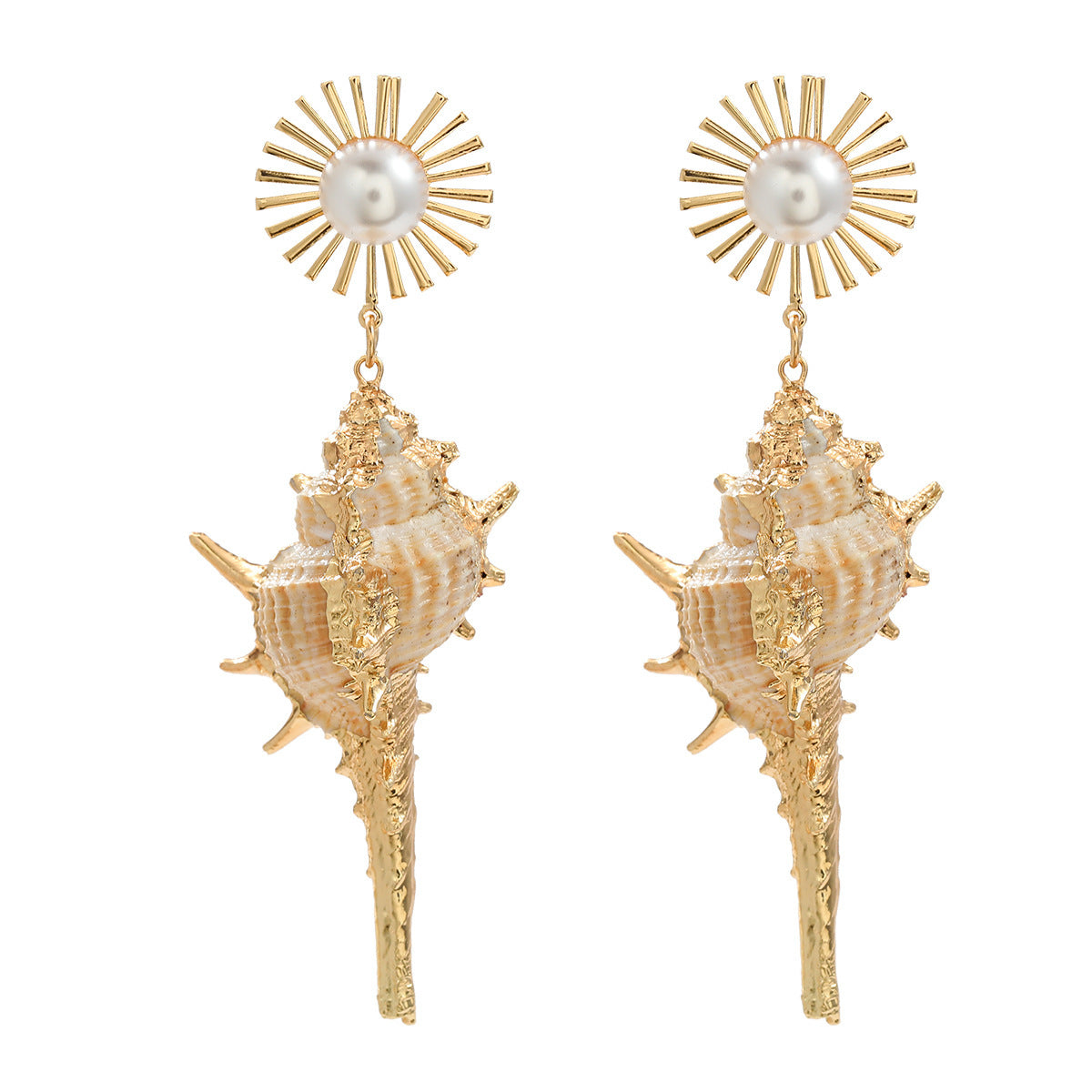 Conch Earrings European And American Exaggerated Alloy Inlaid Pearl SUNFLOWER Bohemian