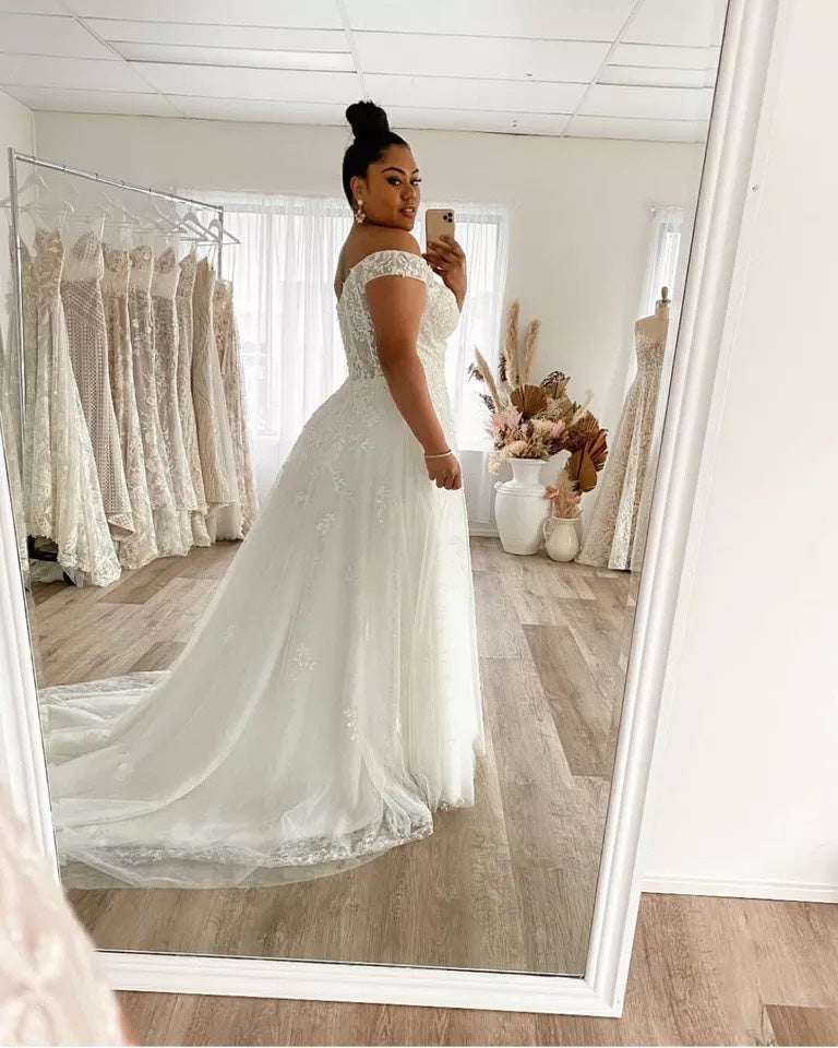 Off-Shoulder A-Line Mesh Wedding Dress | White | US 2–16