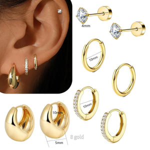 Gold hoop earrings with diamond accents displayed on an ear and with measurements shown.