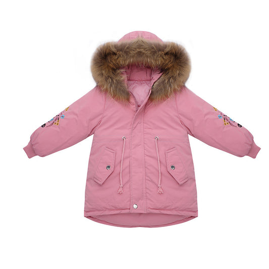 Pink winter jacket with fur hood on a white background
