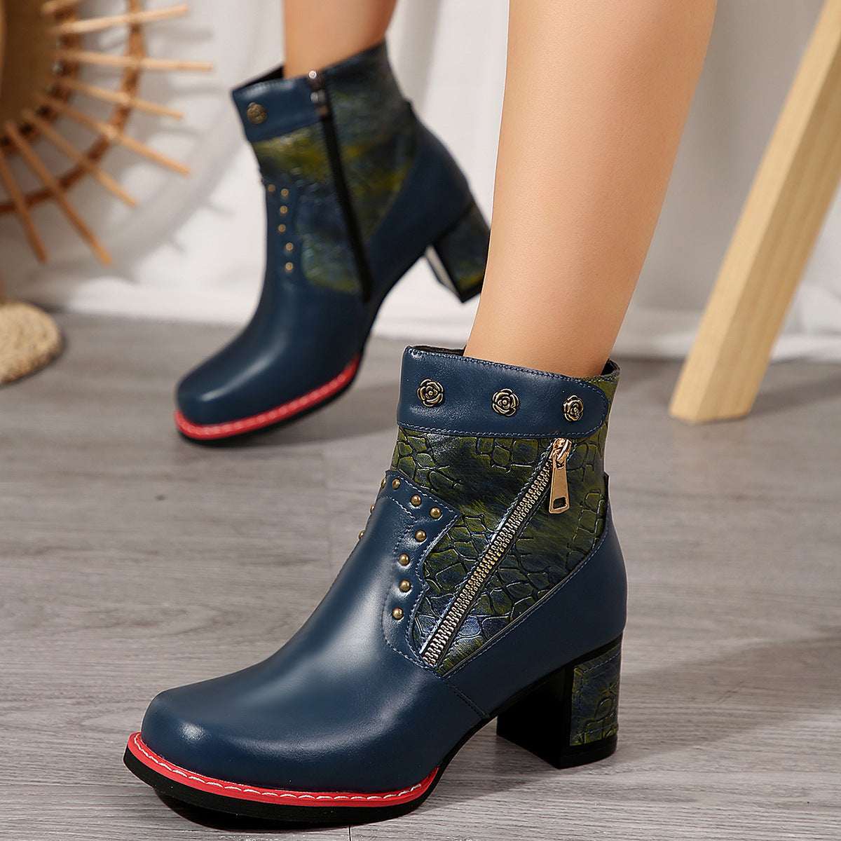 Women's Chunky Heel Square Toe Ankle Boots – Rivet Double Zipper Retro Ethnic Short Boots