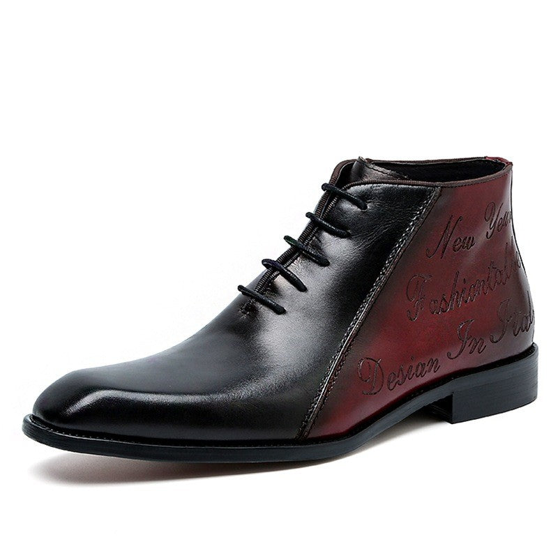 Black leather shoe with red soles on a white background