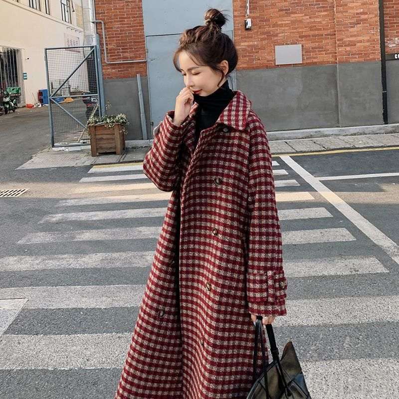 Women's Plaid Wool-Look Loose Long Coat | Black & Red | S–2XL