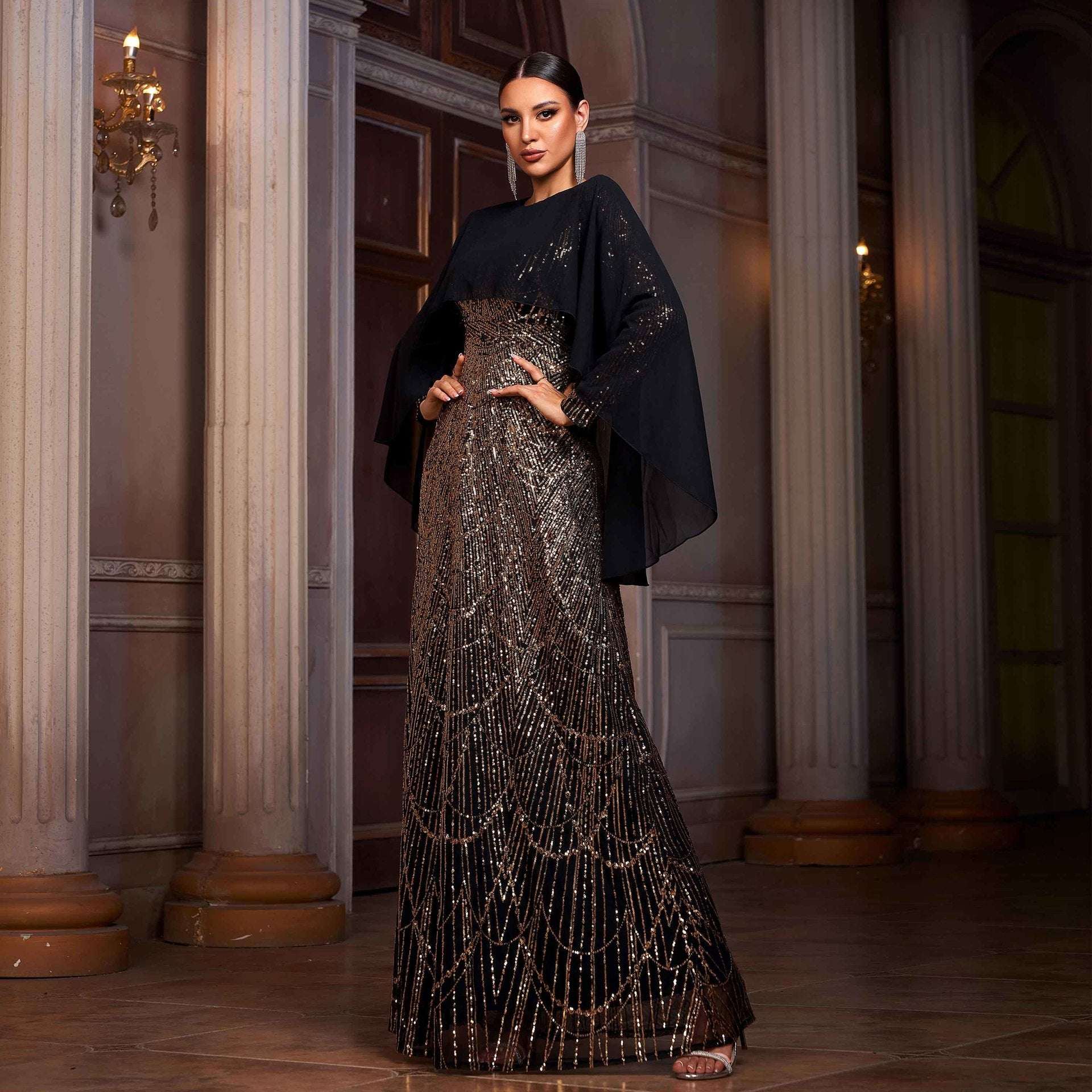 Women's Long-Sleeve Round-Neck Sequined High-Waist Maxi Evening Gown | Black Gold | S–XL