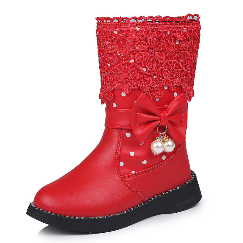 Girls' Bowknot Cotton Shoes - Lace & Velvet Design with Pendant