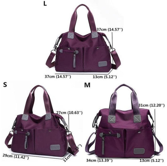 Purple handbag with measurements indicated on a white background