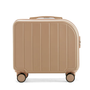 Beige suitcase with wheels on a white background