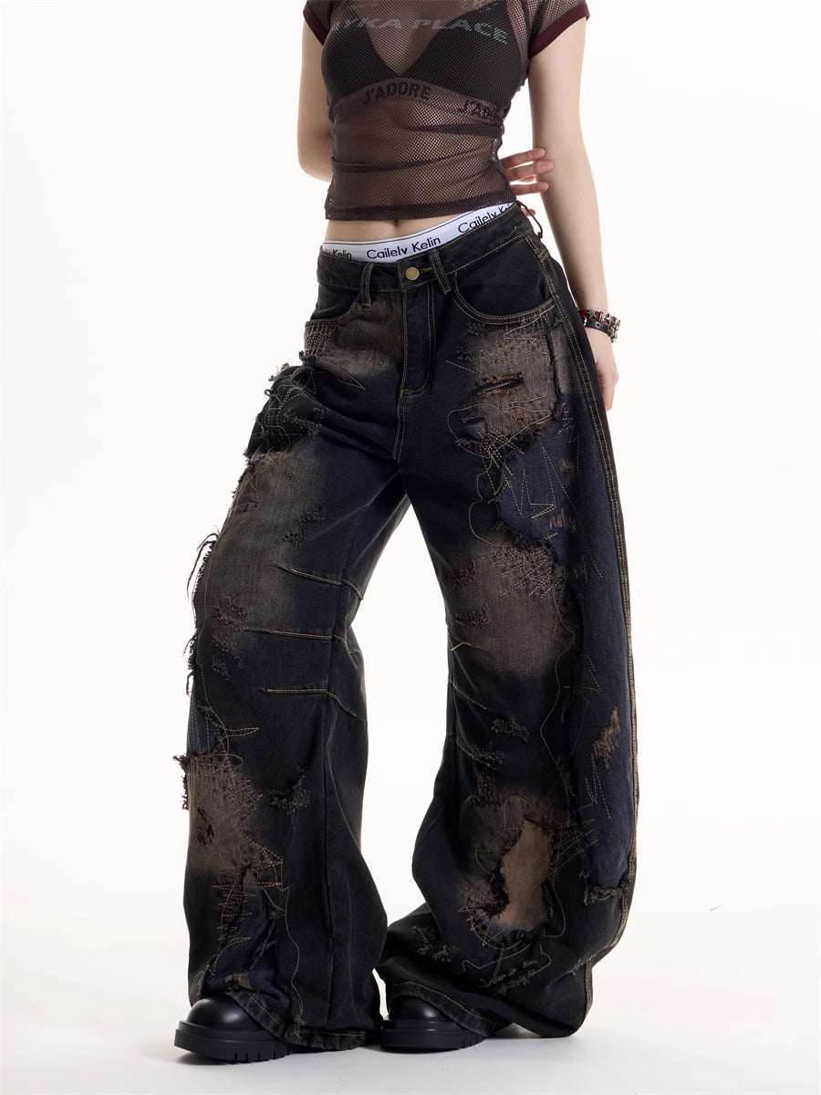 Women's Tie-Dye Ripped Spliced Wide-Leg Jeans | Black | S–XL