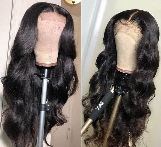 Two views of a wig on a mannequin head with a wig stand.