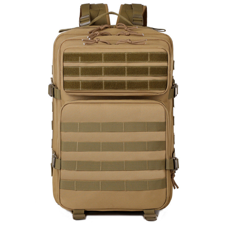 Tan tactical backpack with multiple straps and patches on a white background