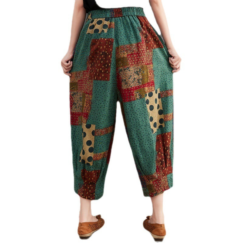 Women's Cotton And Linen Casual Plus Size Printed Ninth Harem Pants