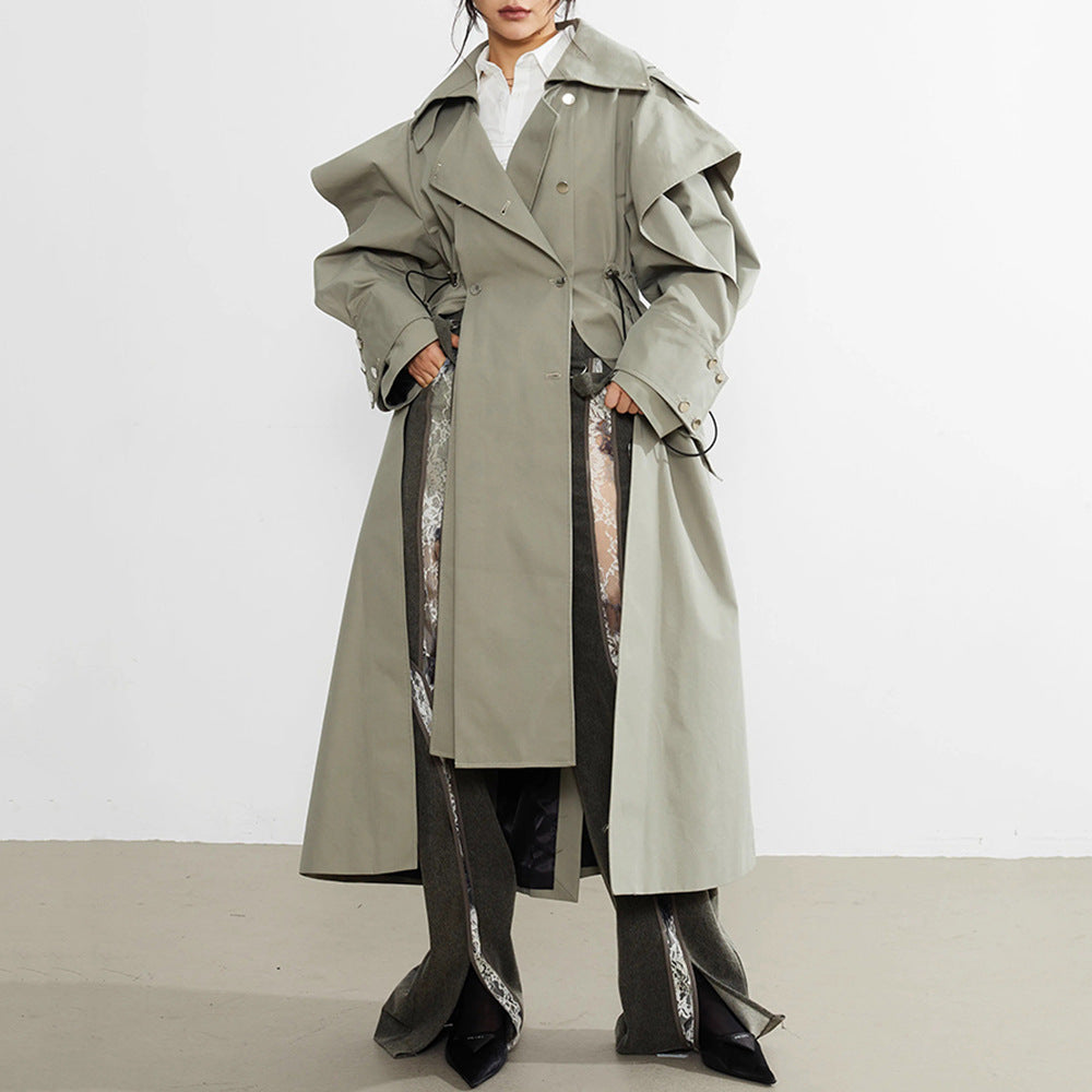 Women's Elasticated-Waist Raglan-Sleeve Trench Coat | Lace-Up & Pleated | Gray | S–L