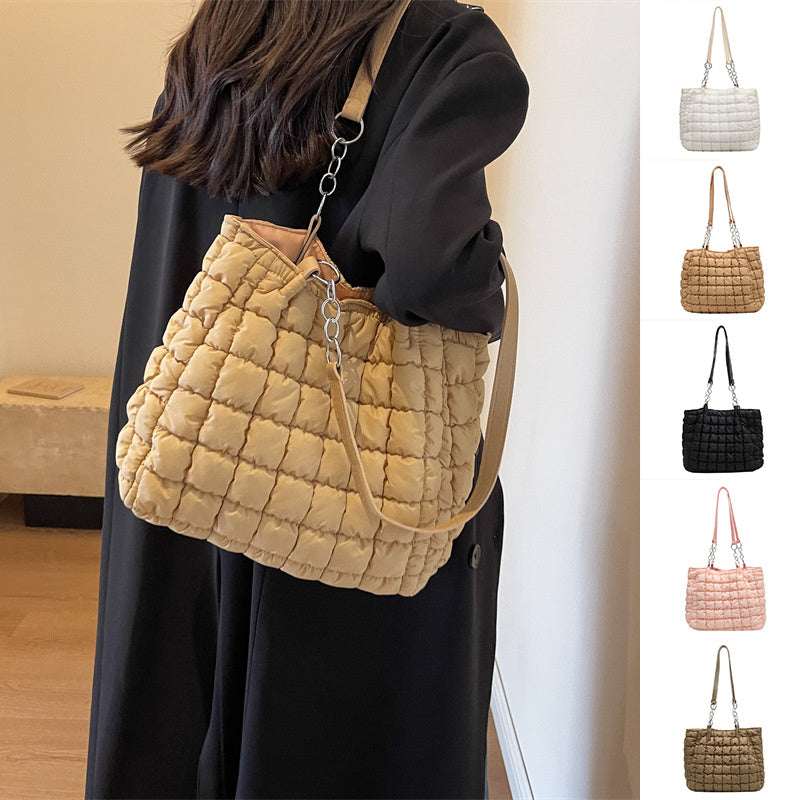 Chain Plaid Down Handbag - Bubble Designer Tote