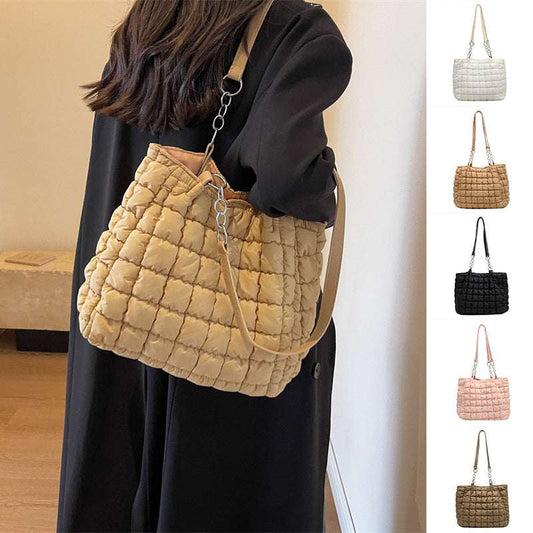 Chain Plaid Down Handbag - Bubble Designer Tote