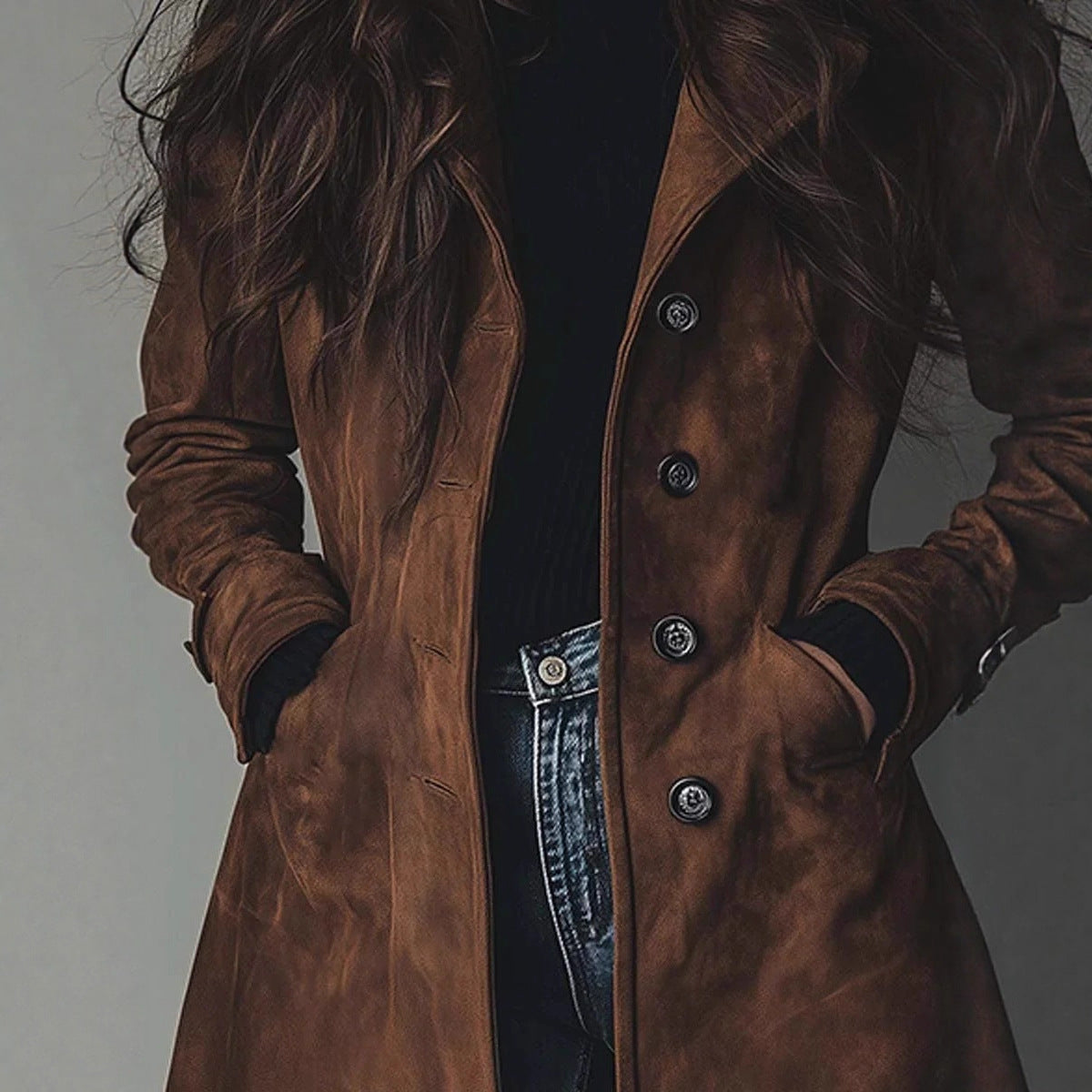 Brown leather coat with button details on a plain background