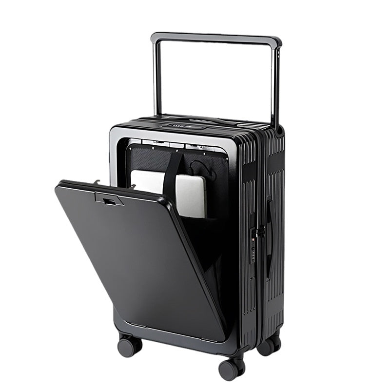 Black suitcase with a folded black chair inside on a white background