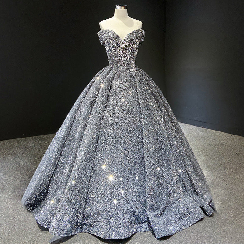 Paillette Sequined Lace Sleeveless Belt-Detail Ball Gown Wedding Dress