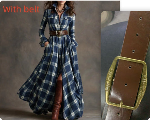 Woman wearing a blue plaid dress with a belt, next to an inset of the belt.