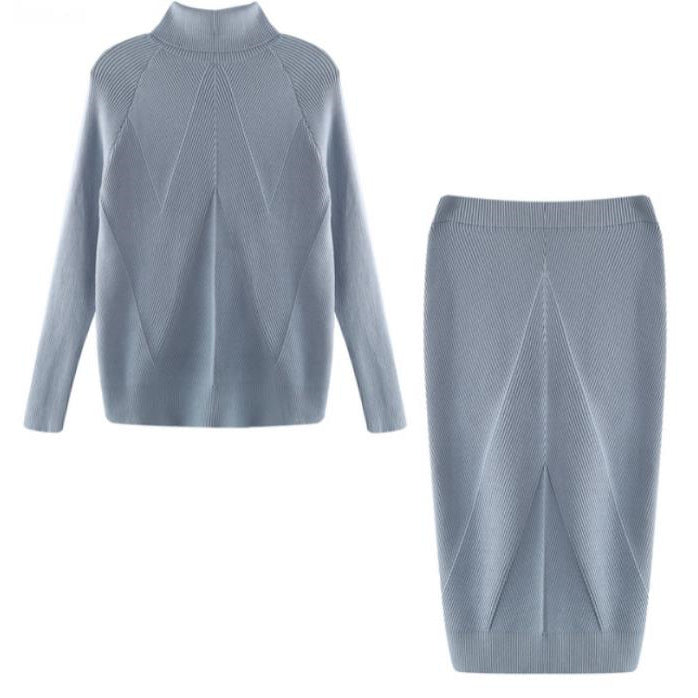 Light blue ribbed sweater and skirt set on a white background