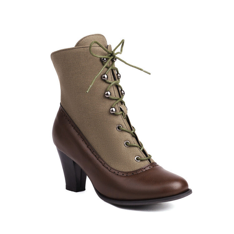 Brown and beige lace-up boot on a white background