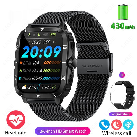 Black smartwatch with mesh band on a white background, displaying various fitness and health metrics.