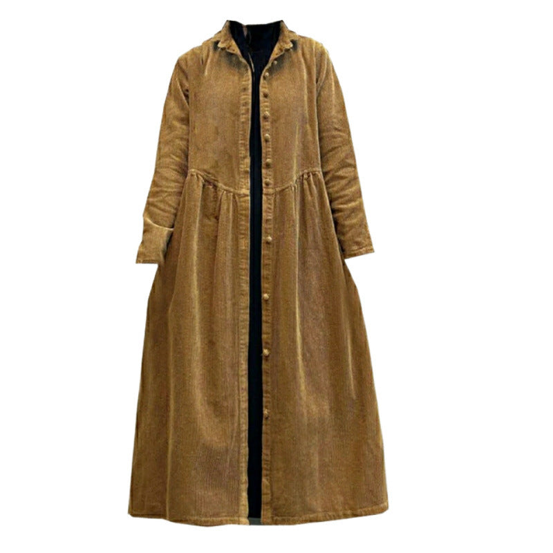 Women's Retro Corduroy Dust Coat – Loose Long Below-the-Knee Windbreaker Outwear | Brown, Dark Gray, Dark Green, Khaki | M–5XL