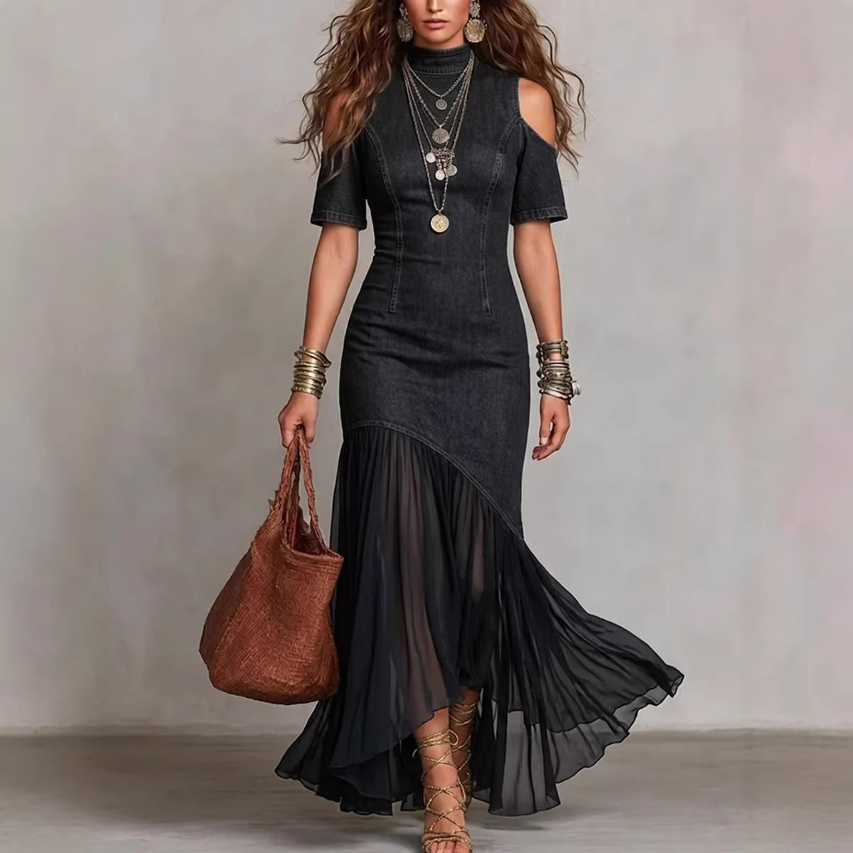 Woman wearing a black dress with a brown handbag against a neutral background by millivan