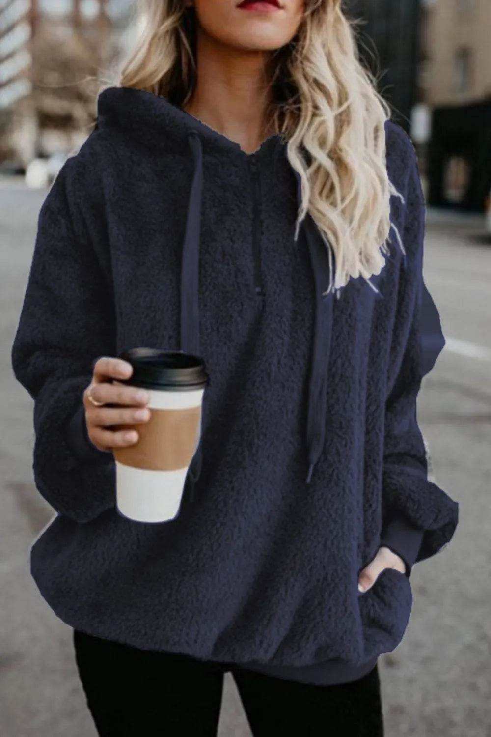 Full Size Quarter-Zip Drawstring Teddy Hoodie - Millivan supplies 