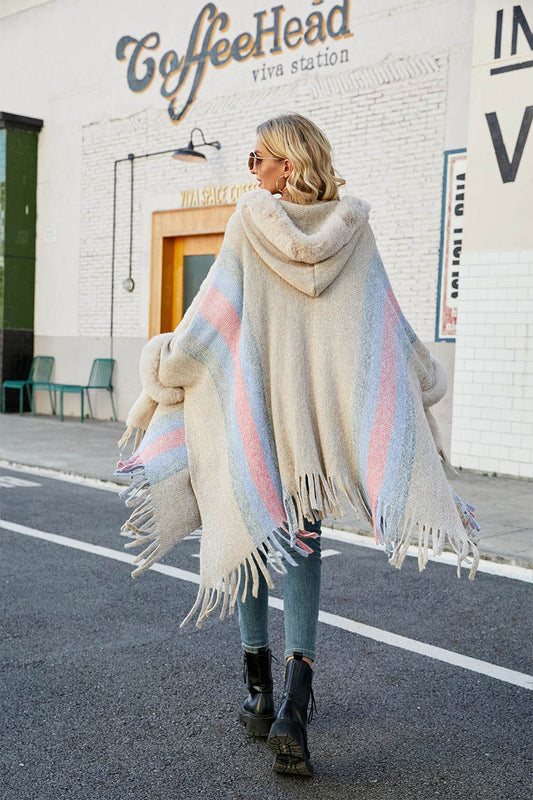 Color Block Fringe Detail Poncho - Millivan supplies 