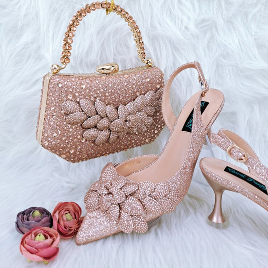 Women's Party Shoes Bag Set - Wine Red Handmade Leaf Decorative Wine Glass Heel Multiple Sizes