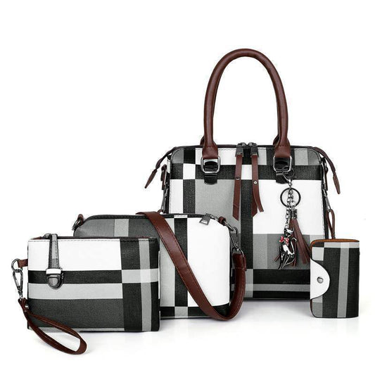Set of black and white checkered handbags with brown handles and straps on a white background