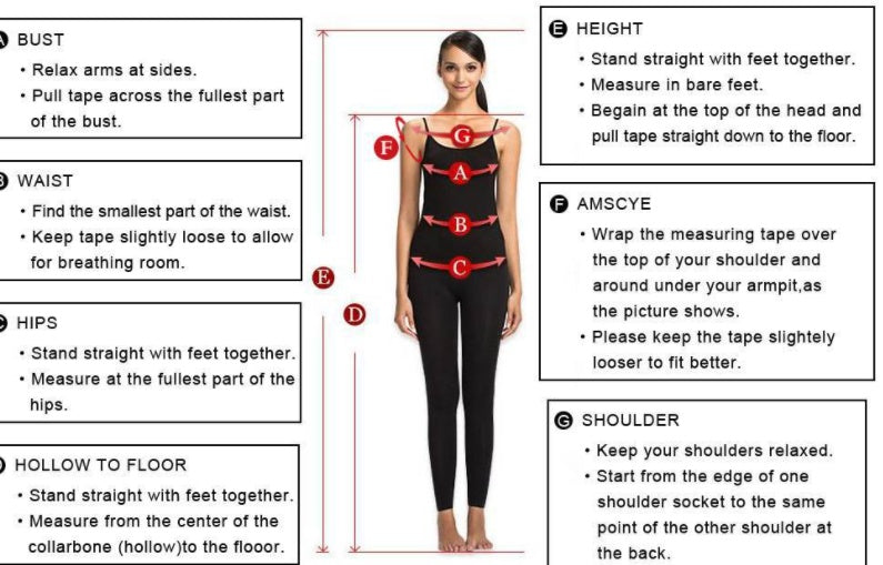 Measurement chart for body measurements with a model wearing a black outfit.