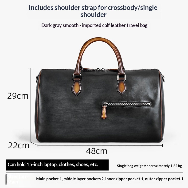 A dark gray leather travel bag with brown handles and trim, shown with dimension labels (29cm height, 22cm width, 48cm depth) and text describing its capacity and weight on a light gray background.