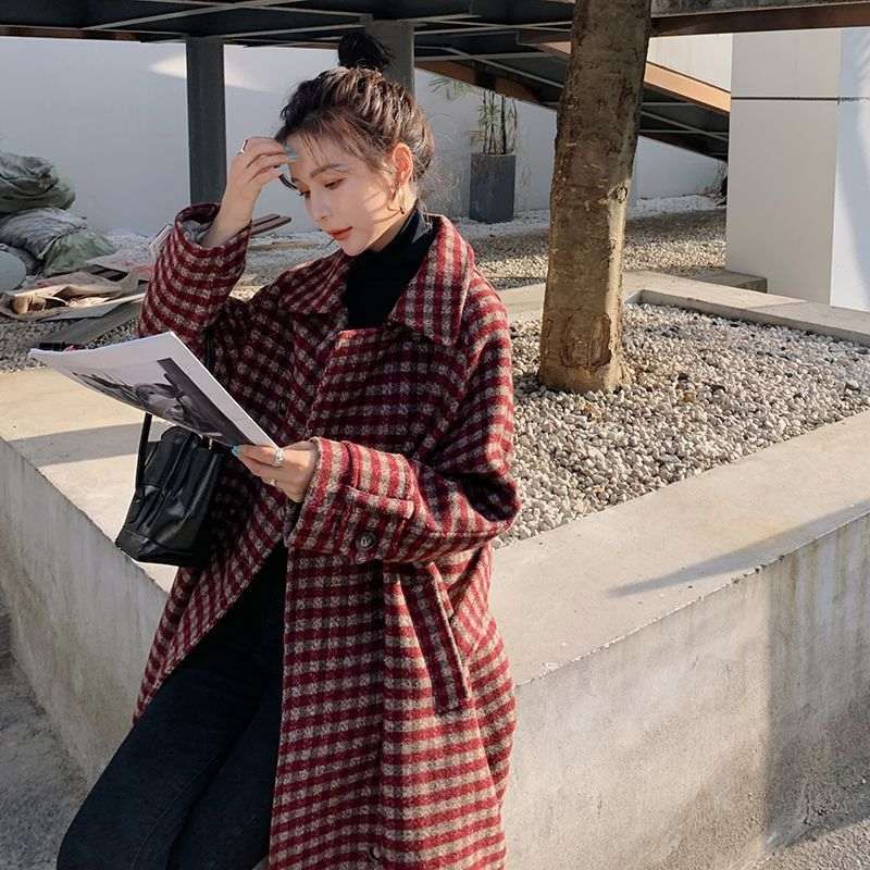 Women's Plaid Wool-Look Loose Long Coat | Black & Red | S–2XL