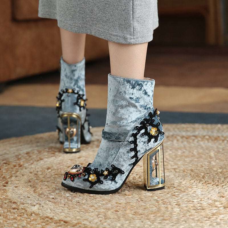 Women's Beaded Embroidery Mid-Tube Boots – High Heel Side Zipper Fashion Boots