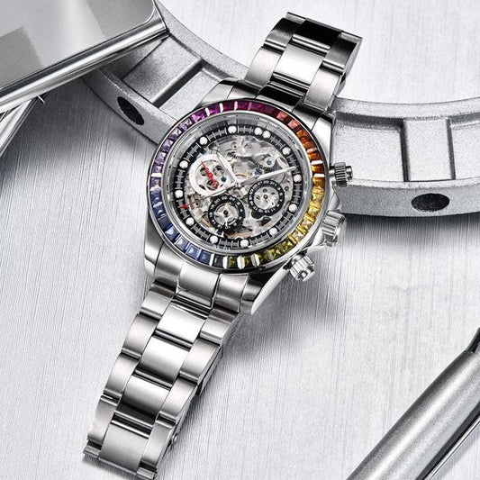Men's Transparent Dial Mechanical Watch – Sapphire Crystal 40mm Stainless Steel | Colored & Silver Black | Steel Strip & Tape