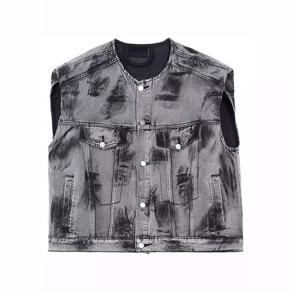 Gray denim vest on a white background